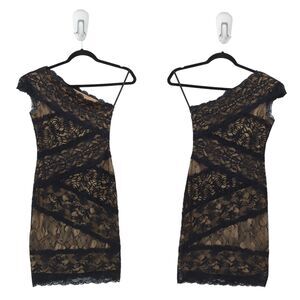 Bebe Women S Dress Black Nude Brown Lined Lace One Shoulder Bodycon Bandage